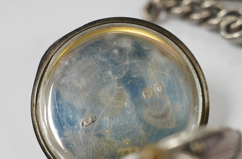 A late Victorian silver open face pocket watch, by J.W. Benson, with Roman dial and subsidiary seconds, together with a silver albert. Condition - poor to fair
